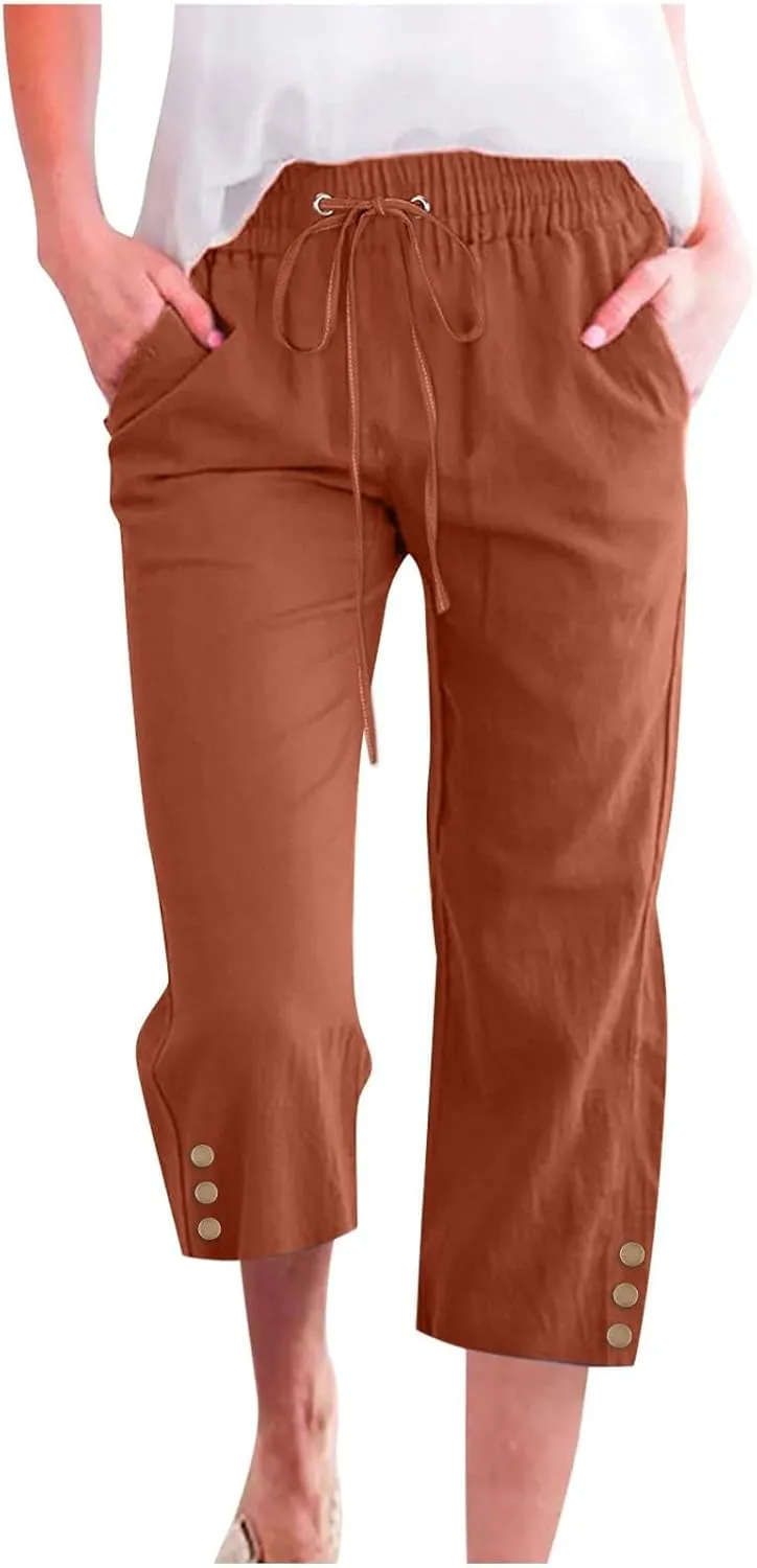 Pull On Linen Capris for Women Dressy Casual Stretch Lightweight Capri Elastic High Waist Lounge Pants 2025 Summer S-5X