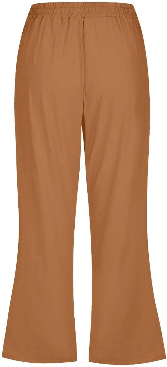 Pull On Linen Capris for Women Dressy Casual Stretch Lightweight Capri Elastic High Waist Lounge Pants 2025 Summer S-5X