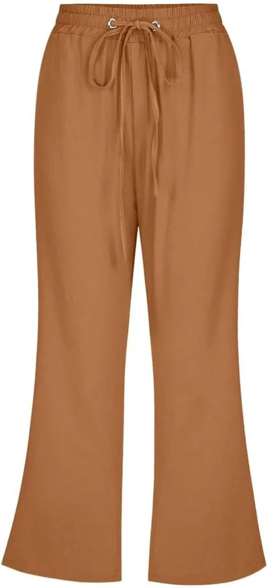 Pull On Linen Capris for Women Dressy Casual Stretch Lightweight Capri Elastic High Waist Lounge Pants 2025 Summer S-5X
