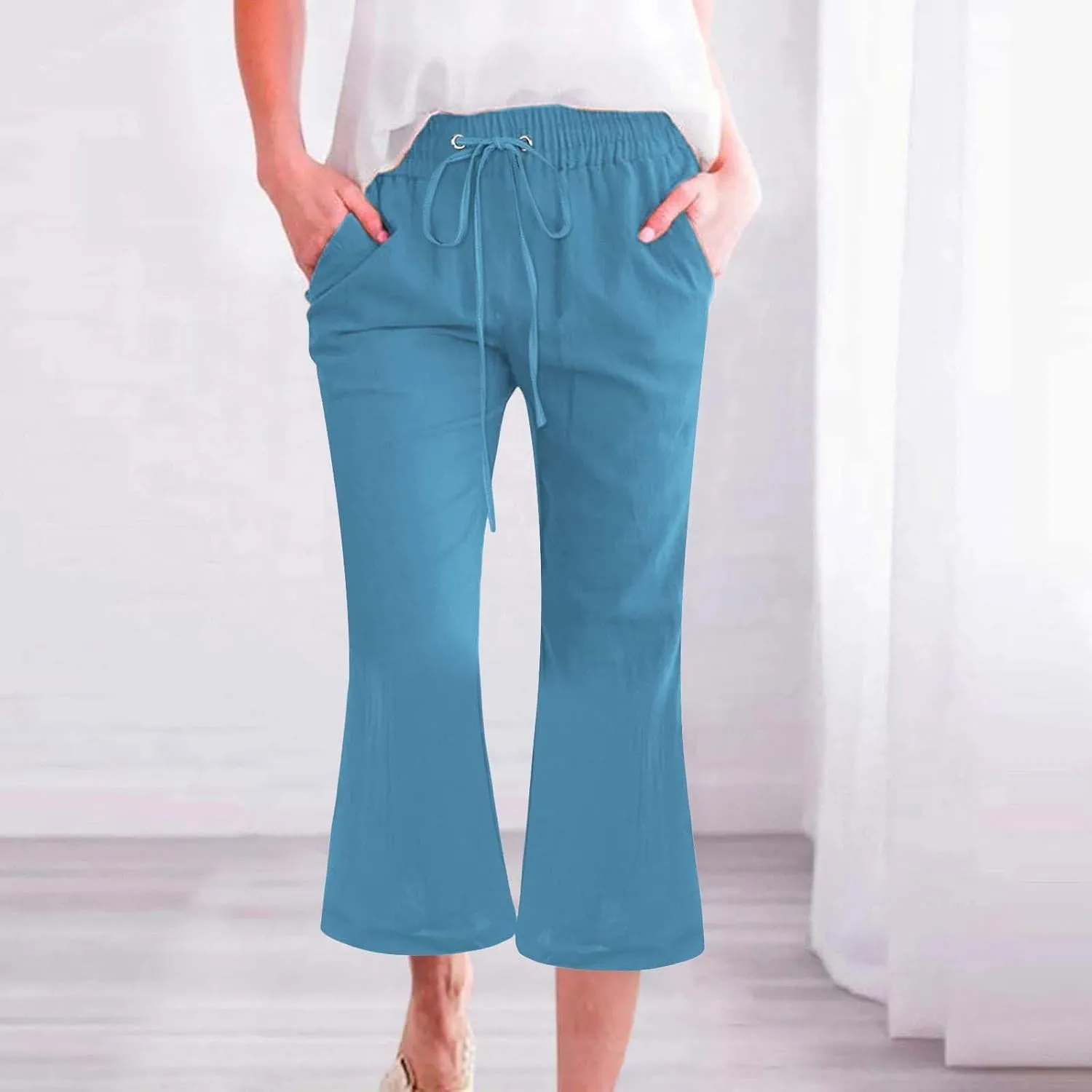Pull On Linen Capris for Women Dressy Casual Stretch Lightweight Capri Elastic High Waist Lounge Pants 2025 Summer S-5X