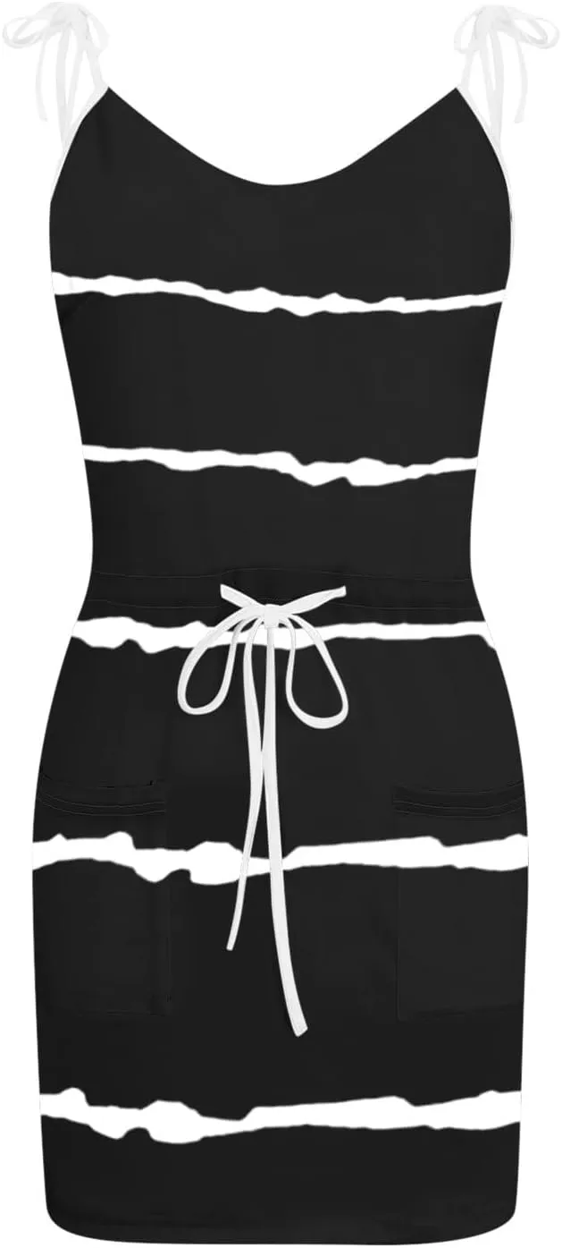 Qeaghou Summer Dresses for Women 2024 Casual Loose Sling V Neck Mini Dress Trendy Striped Drawstring Sundresses with Pockets