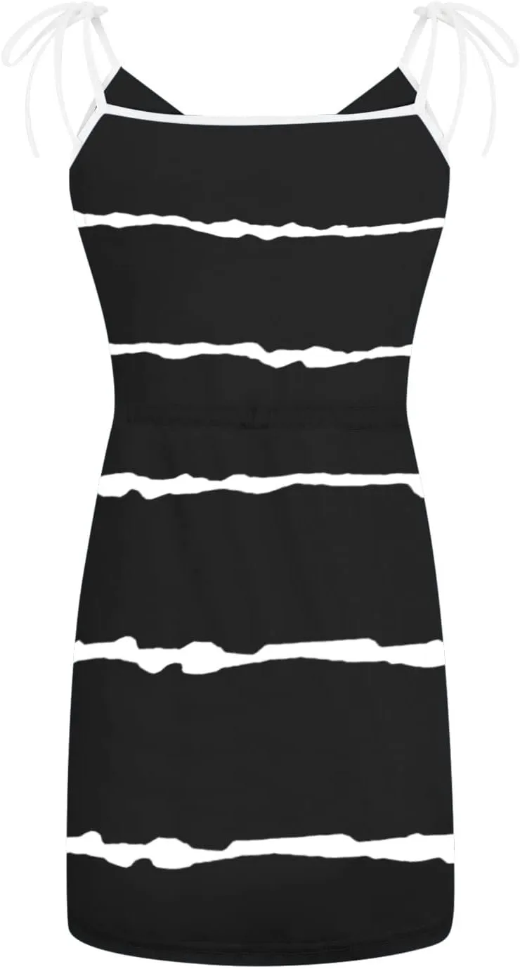 Qeaghou Summer Dresses for Women 2024 Casual Loose Sling V Neck Mini Dress Trendy Striped Drawstring Sundresses with Pockets