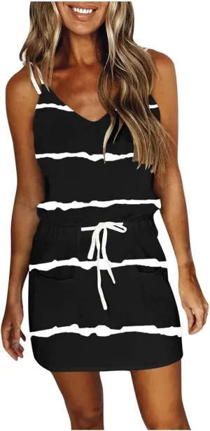 Qeaghou Summer Dresses for Women 2024 Casual Loose Sling V Neck Mini Dress Trendy Striped Drawstring Sundresses with Pockets