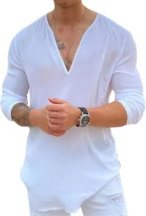 Rela Bota Mens Hawaiian V-Neck Shirt Solid Hippie Shirts Yoga Henley Shirt Beach Wear