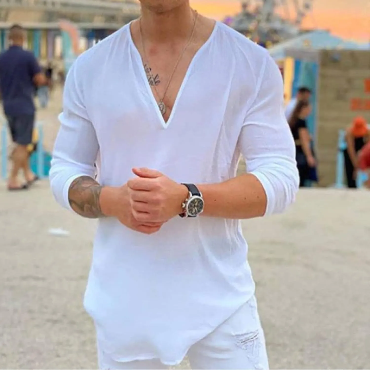 Rela Bota Mens Hawaiian V-Neck Shirt Solid Hippie Shirts Yoga Henley Shirt Beach Wear