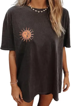 Remidoo Women's Casual Oversized T Shirt Short Sleeve Graphic Tee Letter Sun Moon Shirts
