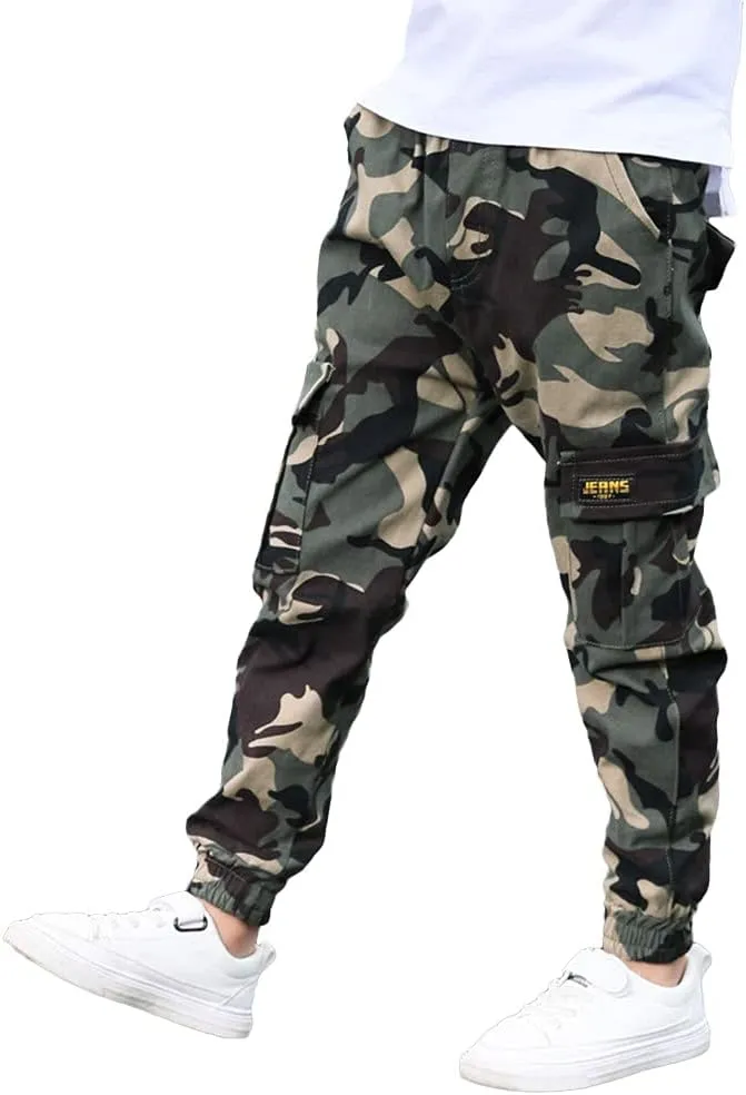 Rolanko Boys' Cargo Pants Casual Kids Joggers Elastic Waist Outdoor Hiking Baggy Trousers 4-14 Years