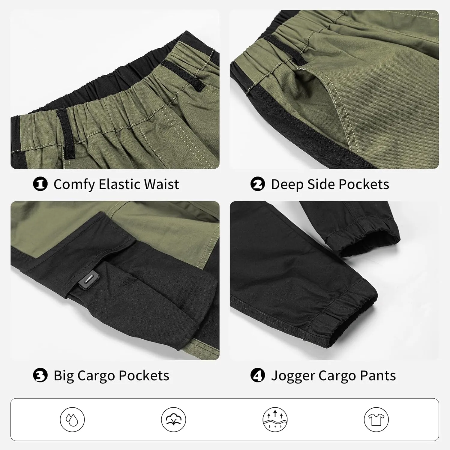 Rolanko Boys' Cargo Pants Casual Kids Joggers Elastic Waist Outdoor Hiking Baggy Trousers 4-14 Years