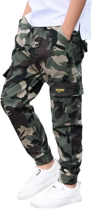 Rolanko Boys' Cargo Pants Casual Kids Joggers Elastic Waist Outdoor Hiking Baggy Trousers 4-14 Years