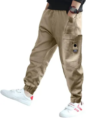 Rolanko Boys' Cargo Pants Casual Kids Joggers Elastic Waist Outdoor Hiking Baggy Trousers 4-14 Years