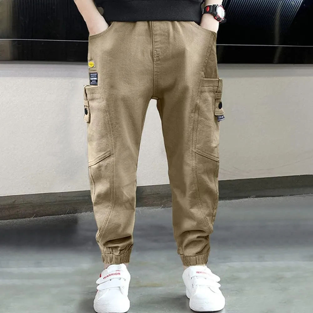 Rolanko Boys' Cargo Pants Casual Kids Joggers Elastic Waist Outdoor Hiking Baggy Trousers 4-14 Years