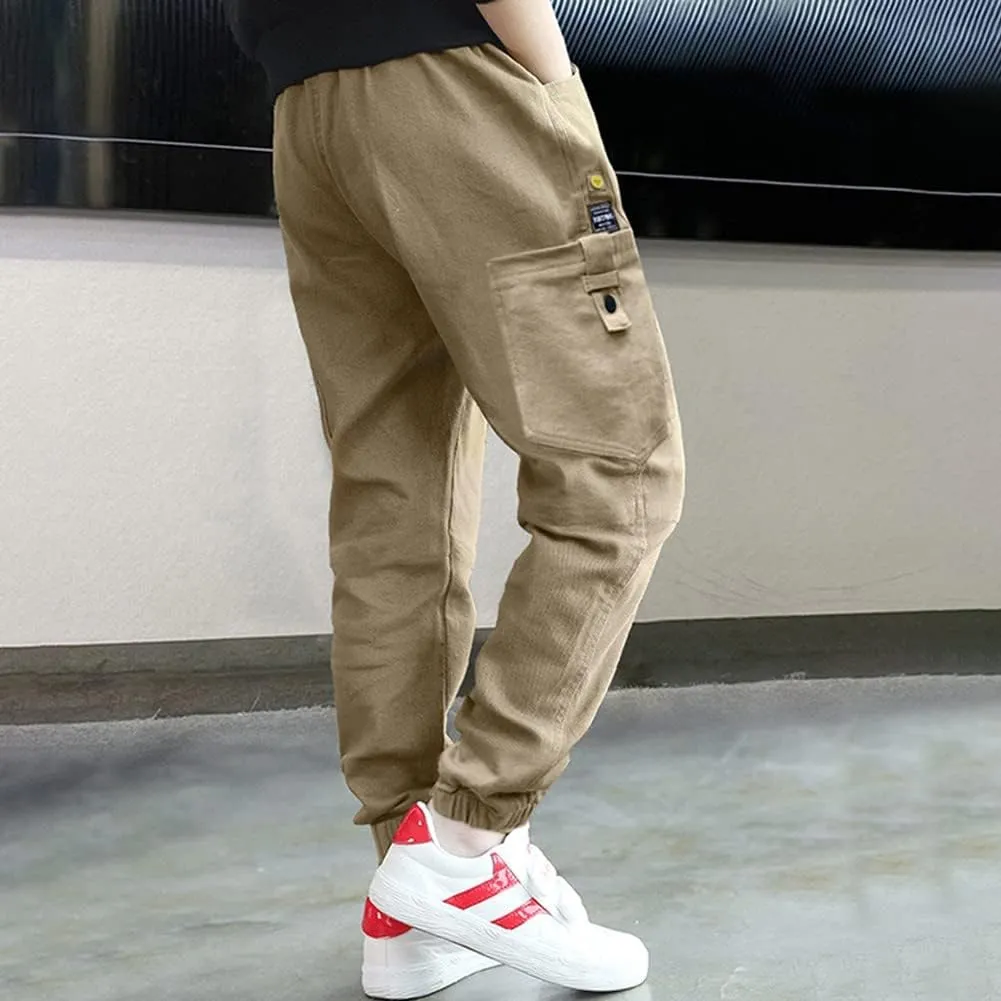 Rolanko Boys' Cargo Pants Casual Kids Joggers Elastic Waist Outdoor Hiking Baggy Trousers 4-14 Years