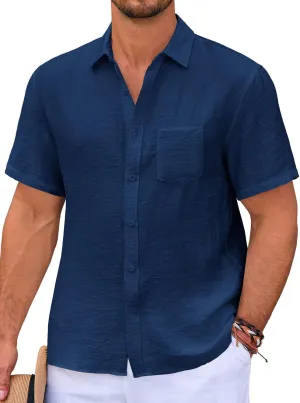 Runcati Mens Casual Shirts Button Down Short Sleeve Lightweight Linen Shirt Summer Beach Tops with Pocket