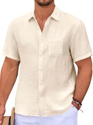 Runcati Mens Casual Shirts Button Down Short Sleeve Lightweight Linen Shirt Summer Beach Tops with Pocket