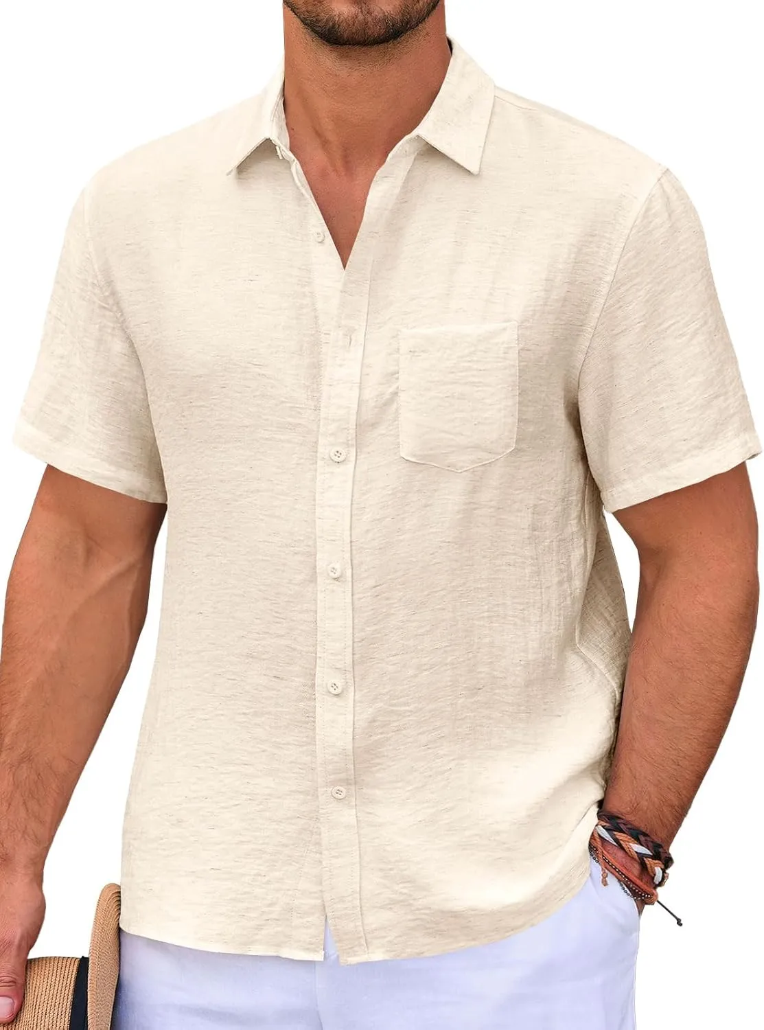 Runcati Mens Casual Shirts Button Down Short Sleeve Lightweight Linen Shirt Summer Beach Tops with Pocket