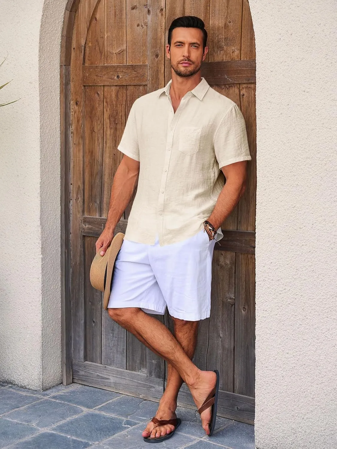 Runcati Mens Casual Shirts Button Down Short Sleeve Lightweight Linen Shirt Summer Beach Tops with Pocket