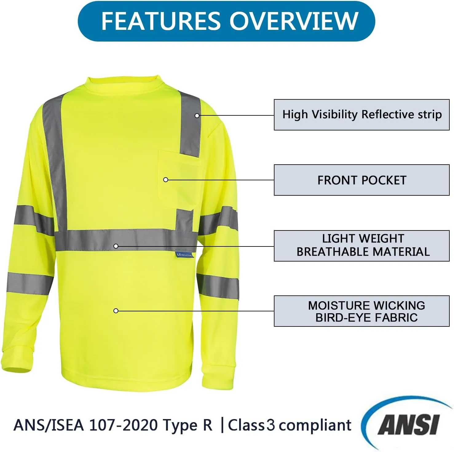 Safety Shirt Long Sleeve High Visibility Reflective Breathable T Shirt for Work Warehouse Construction Class 3