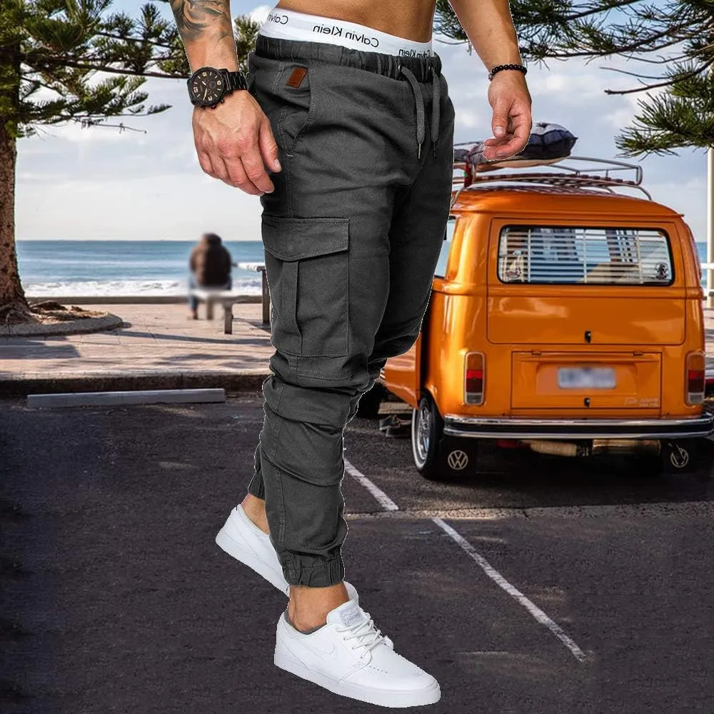 sandbank Men's Jogger Pants Multi Pocket Casual Pants Low Waist Solid Trousers Stretch Slim Fit Sports Cargo Pants