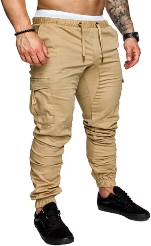 sandbank Men's Jogger Pants Multi Pocket Casual Pants Low Waist Solid Trousers Stretch Slim Fit Sports Cargo Pants