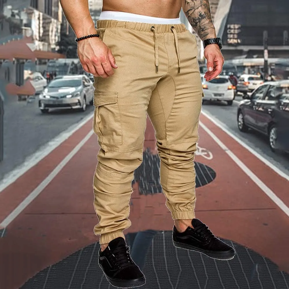 sandbank Men's Jogger Pants Multi Pocket Casual Pants Low Waist Solid Trousers Stretch Slim Fit Sports Cargo Pants