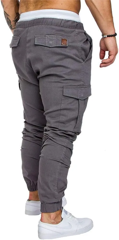 sandbank Men's Jogger Pants Multi Pocket Casual Pants Low Waist Solid Trousers Stretch Slim Fit Sports Cargo Pants