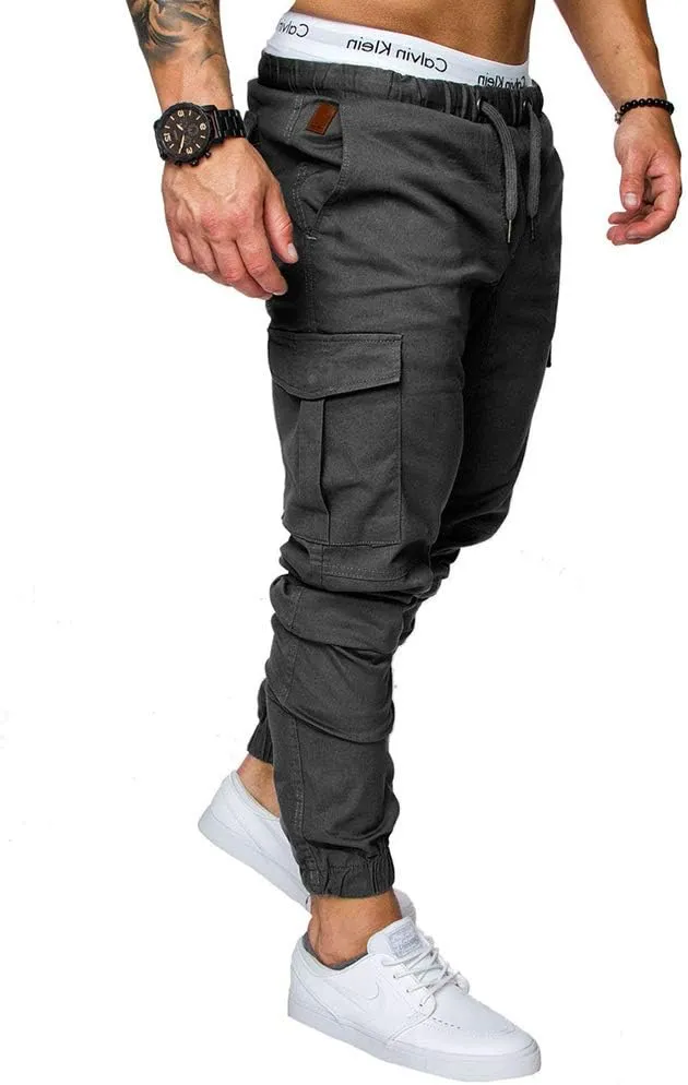 sandbank Men's Jogger Pants Multi Pocket Casual Pants Low Waist Solid Trousers Stretch Slim Fit Sports Cargo Pants