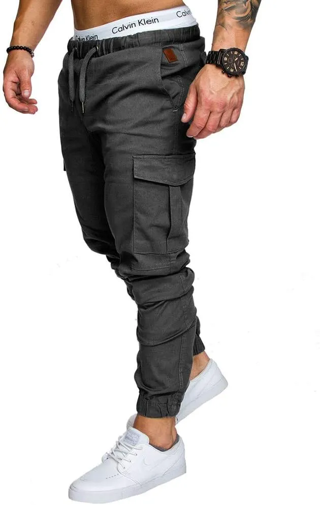 sandbank Men's Jogger Pants Multi Pocket Casual Pants Low Waist Solid Trousers Stretch Slim Fit Sports Cargo Pants