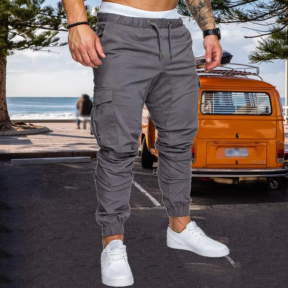 sandbank Men's Jogger Pants Multi Pocket Casual Pants Low Waist Solid Trousers Stretch Slim Fit Sports Cargo Pants