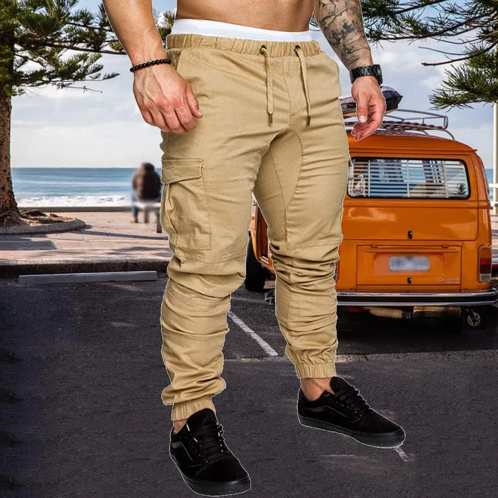 sandbank Men's Jogger Pants Multi Pocket Casual Pants Low Waist Solid Trousers Stretch Slim Fit Sports Cargo Pants