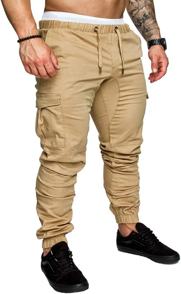 sandbank Men's Jogger Pants Multi Pocket Casual Pants Low Waist Solid Trousers Stretch Slim Fit Sports Cargo Pants