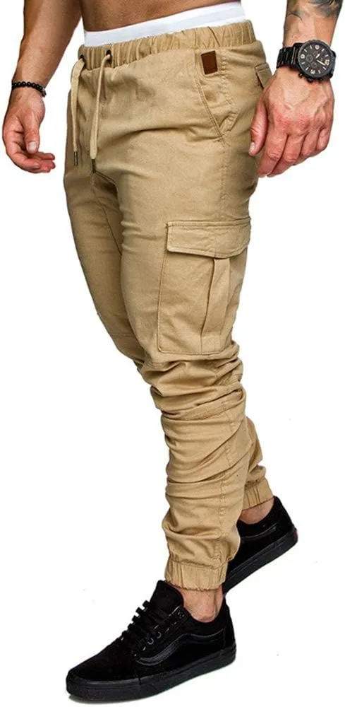sandbank Men's Jogger Pants Multi Pocket Casual Pants Low Waist Solid Trousers Stretch Slim Fit Sports Cargo Pants