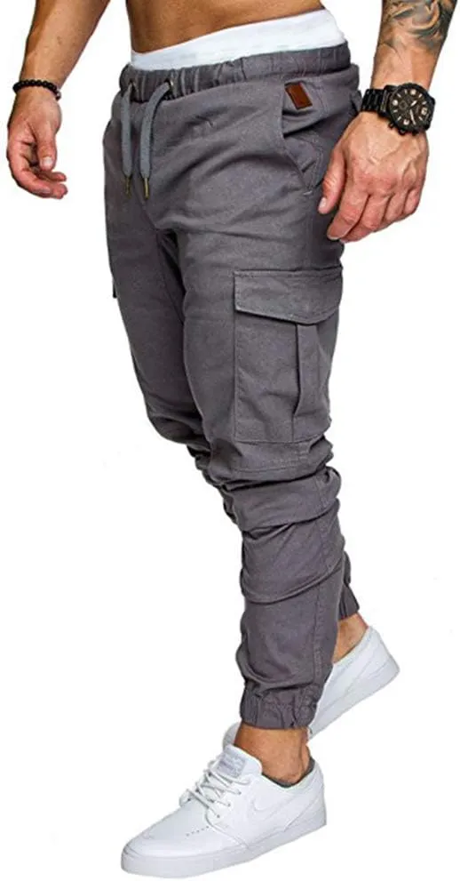 sandbank Men's Jogger Pants Multi Pocket Casual Pants Low Waist Solid Trousers Stretch Slim Fit Sports Cargo Pants