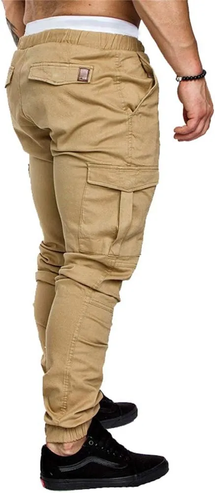 sandbank Men's Jogger Pants Multi Pocket Casual Pants Low Waist Solid Trousers Stretch Slim Fit Sports Cargo Pants