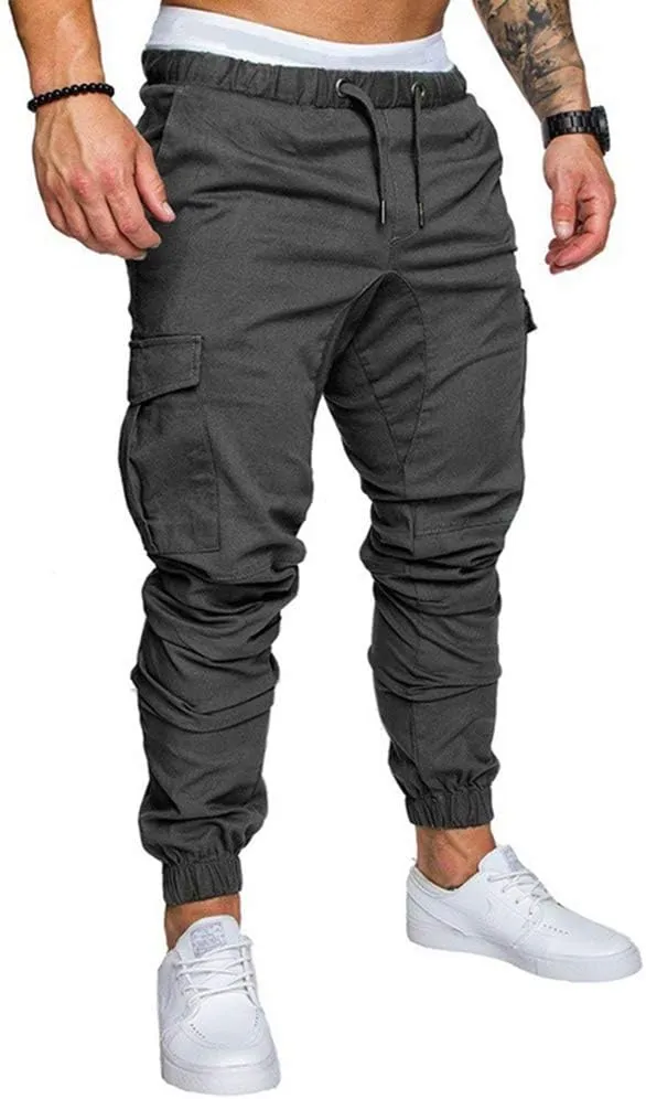 sandbank Men's Jogger Pants Multi Pocket Casual Pants Low Waist Solid Trousers Stretch Slim Fit Sports Cargo Pants