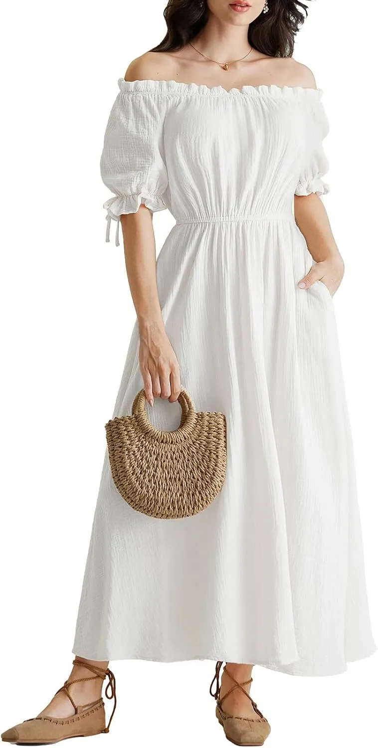Scarlet Darkness Renaissance Costume Women Puff Short Sleeve Summer Maxi Dress