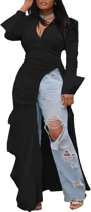 Seltaon Sexy Shirt Dresses for Women High Low Asymmetrical Tops Long Sleeve T Shirt Dress