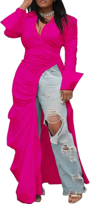 Seltaon Sexy Shirt Dresses for Women High Low Asymmetrical Tops Long Sleeve T Shirt Dress