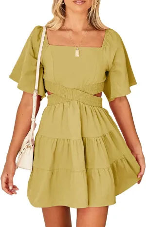 Senllen Womens Summer Dresses 2025 Short-Sleeve Square Neck Mini Dress Crossover Elastic Waist Casual Party Tiered Dress