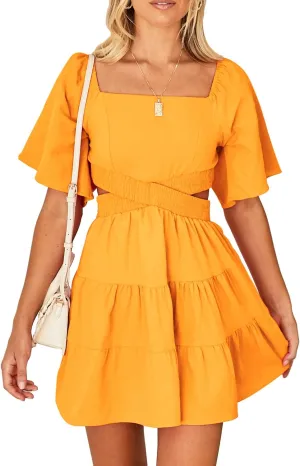 Senllen Womens Summer Dresses 2025 Short-Sleeve Square Neck Mini Dress Crossover Elastic Waist Casual Party Tiered Dress
