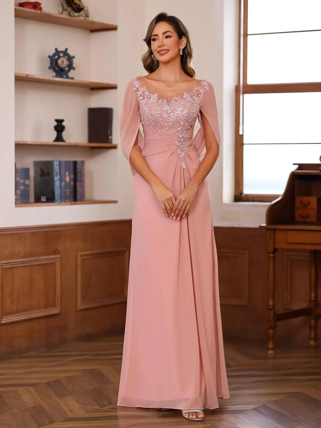 Sequin Lace Mother of The Bride Dresses with Cap Chiffon Formal Evening Dress VS111
