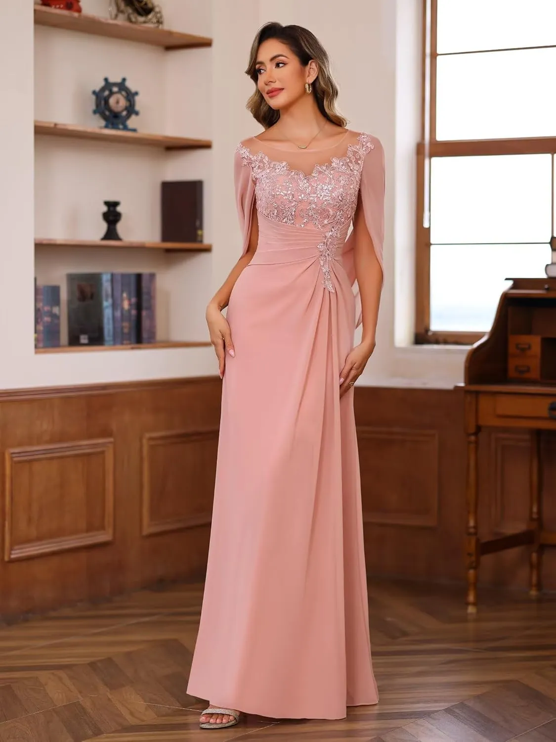 Sequin Lace Mother of The Bride Dresses with Cap Chiffon Formal Evening Dress VS111