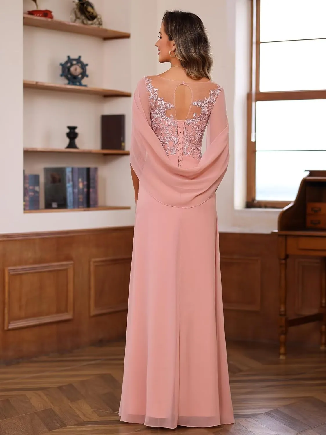 Sequin Lace Mother of The Bride Dresses with Cap Chiffon Formal Evening Dress VS111