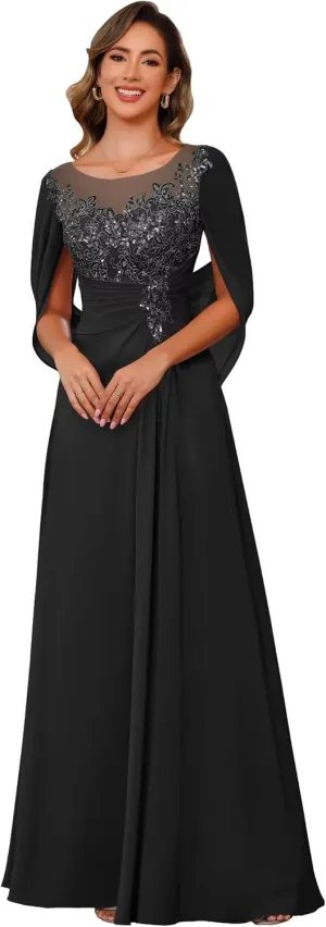 Sequin Lace Mother of The Bride Dresses with Cap Chiffon Formal Evening Dress VS111