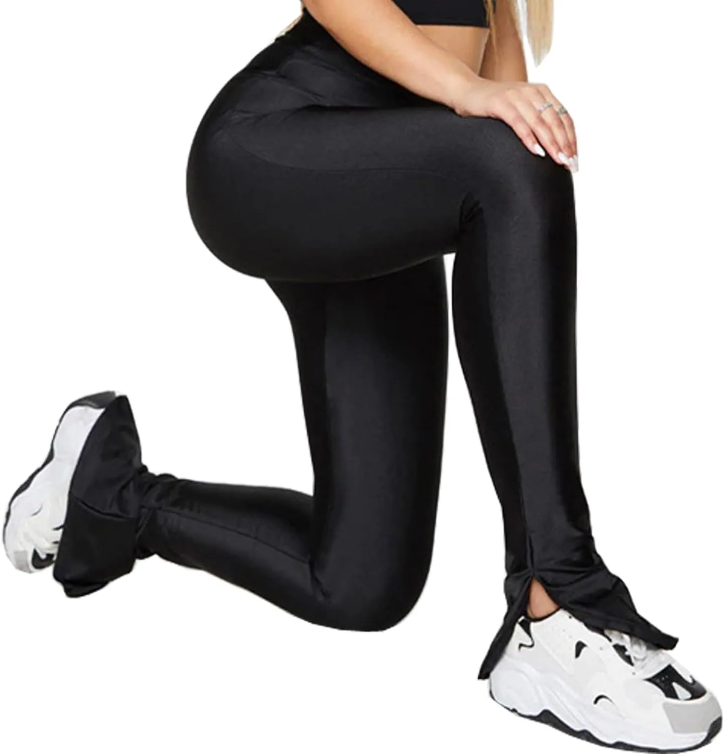 Sghenr Women's Stretchy Side Split Hem Flare Pants Skinny Shiny Mid-Waist Club Party Daily Casual Tights Leggings