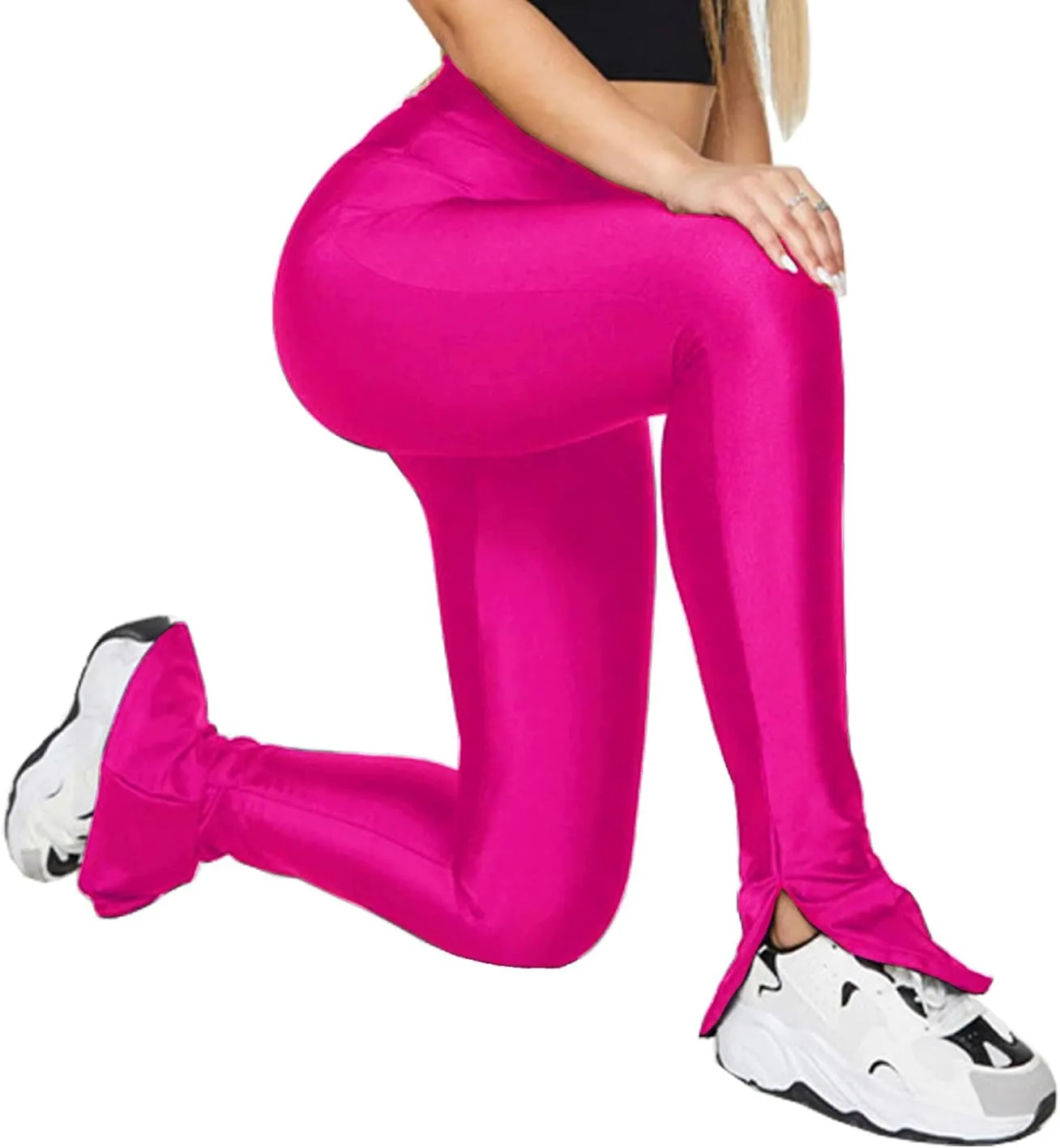 Sghenr Women's Stretchy Side Split Hem Flare Pants Skinny Shiny Mid-Waist Club Party Daily Casual Tights Leggings