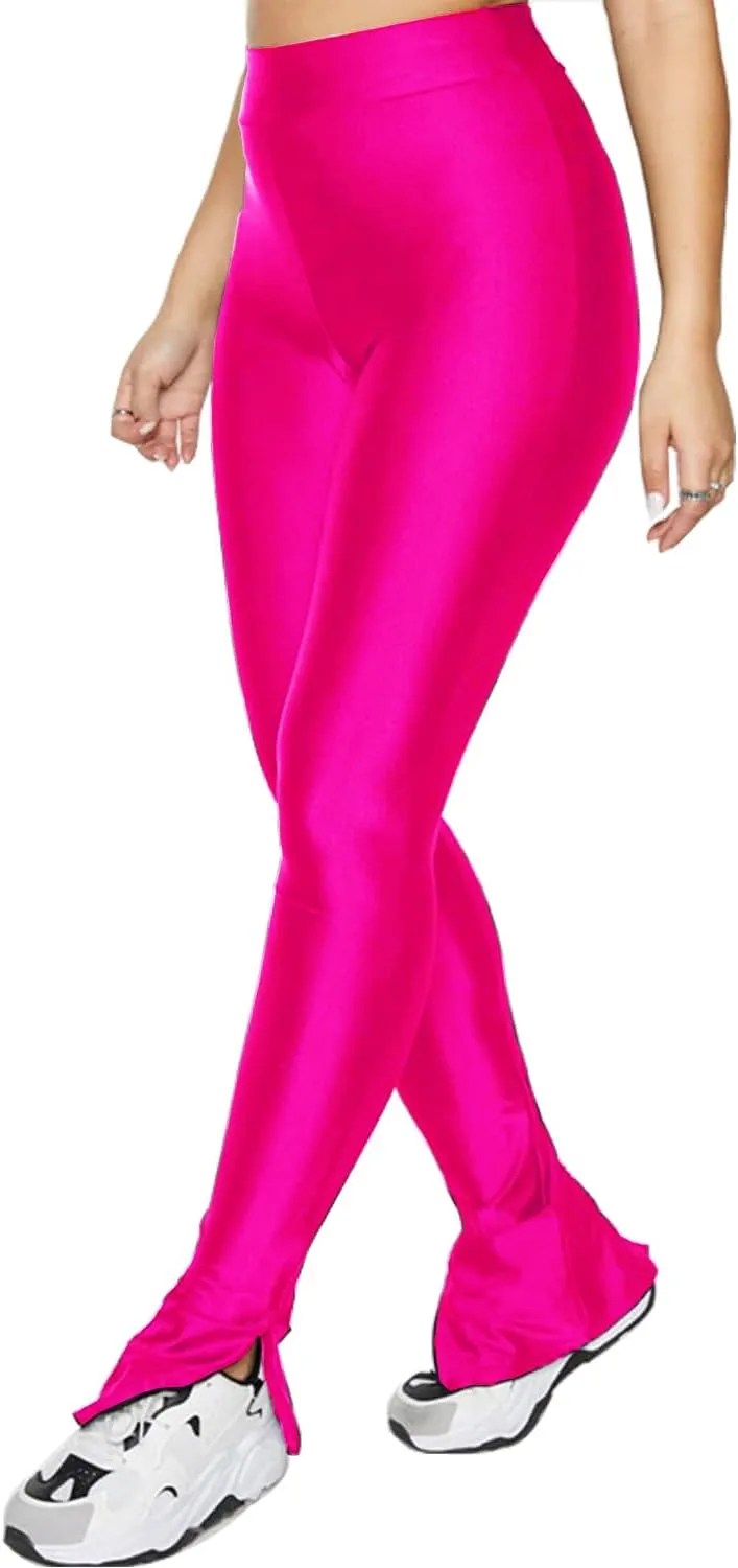Sghenr Women's Stretchy Side Split Hem Flare Pants Skinny Shiny Mid-Waist Club Party Daily Casual Tights Leggings