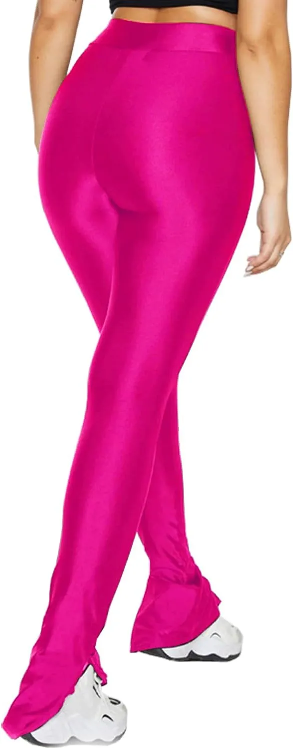 Sghenr Women's Stretchy Side Split Hem Flare Pants Skinny Shiny Mid-Waist Club Party Daily Casual Tights Leggings