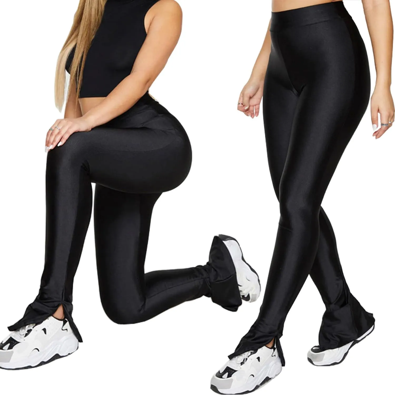 Sghenr Women's Stretchy Side Split Hem Flare Pants Skinny Shiny Mid-Waist Club Party Daily Casual Tights Leggings