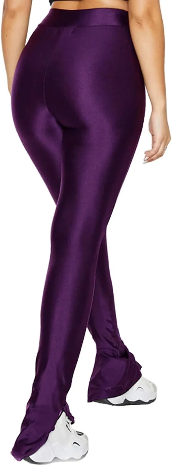 Sghenr Women's Stretchy Side Split Hem Flare Pants Skinny Shiny Mid-Waist Club Party Daily Casual Tights Leggings