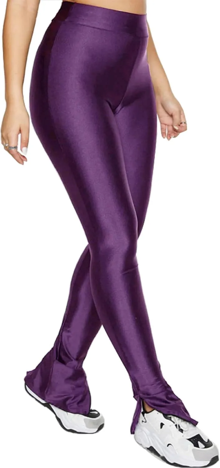 Sghenr Women's Stretchy Side Split Hem Flare Pants Skinny Shiny Mid-Waist Club Party Daily Casual Tights Leggings